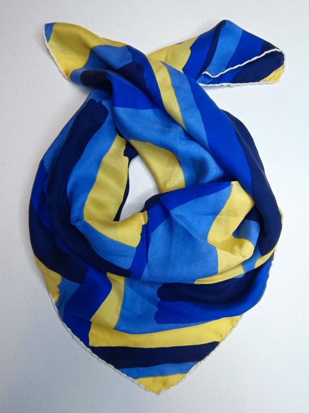 Vintage 100% Silk Geometric Abstract Square Scarf - Blue & Yellow